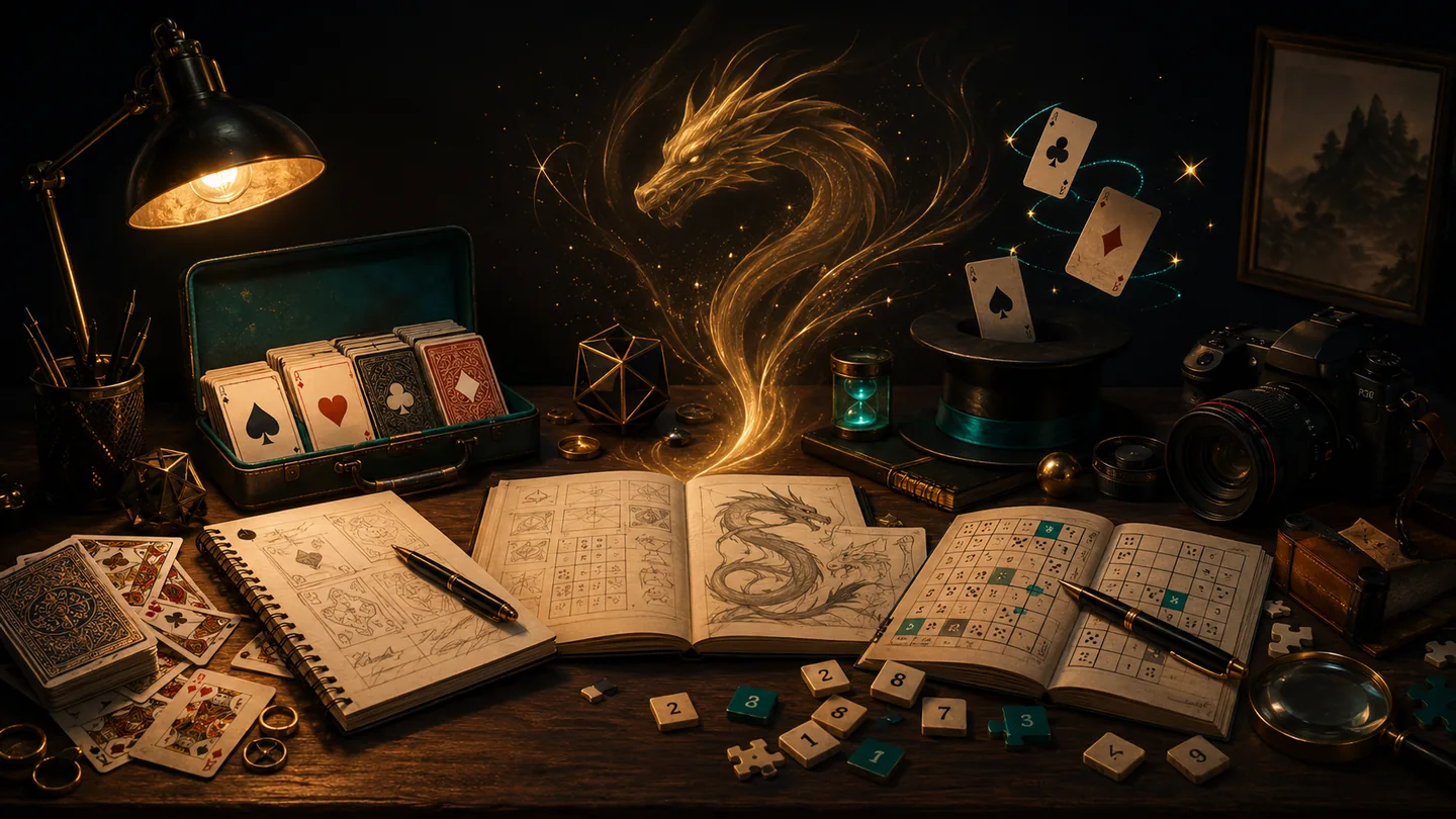 Illustration eines Schreibtischs mit Spielen und kreativen Projekten