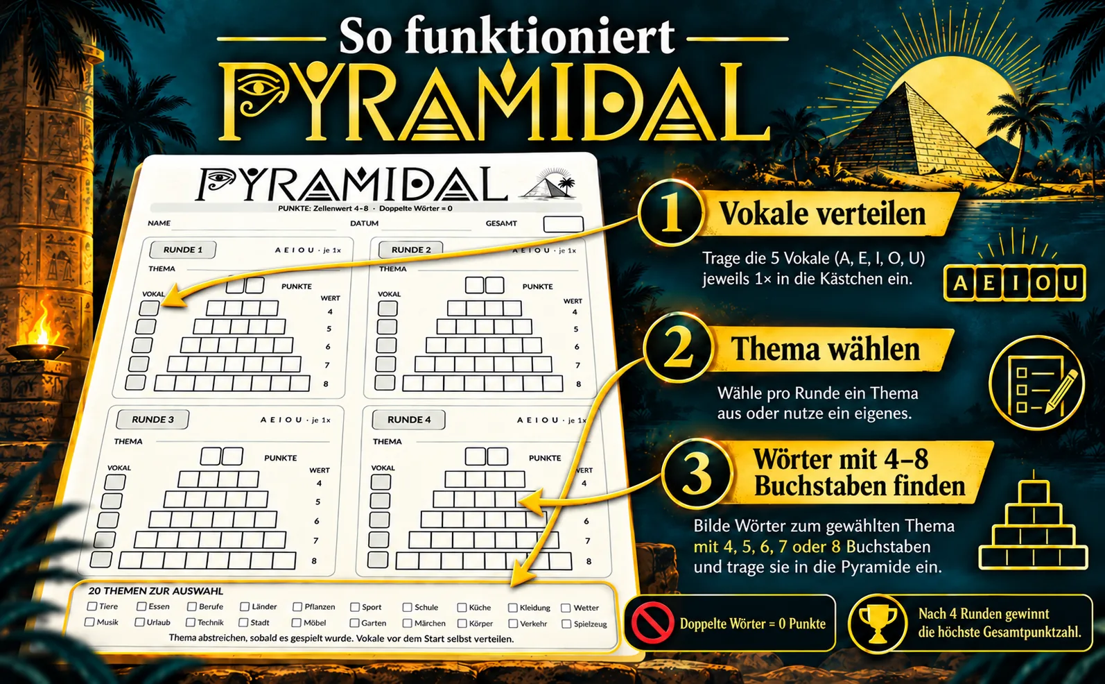 Illustrierter Ablauf: Vokale verteilen, Thema wählen und fünf passende Wörter finden