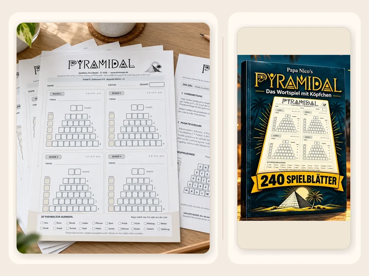 PYRAMIDAL - Spielbogen und Spielanleitung auf dem Tisch